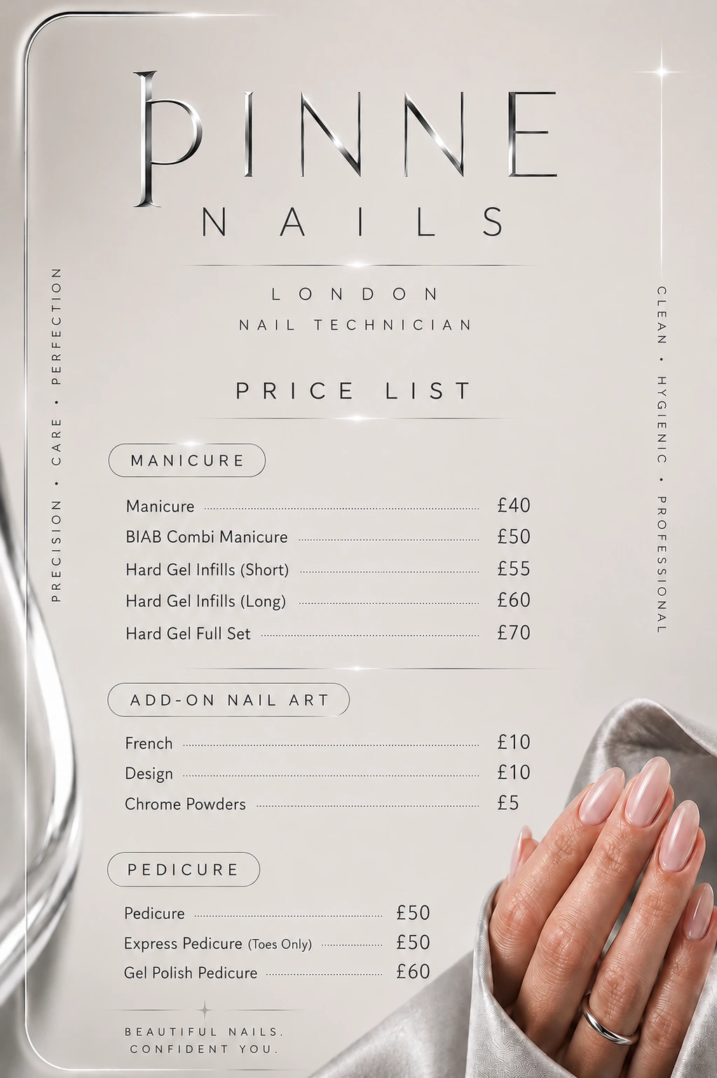 Thinne Nails London price list with manicure, nail art and pedicure services